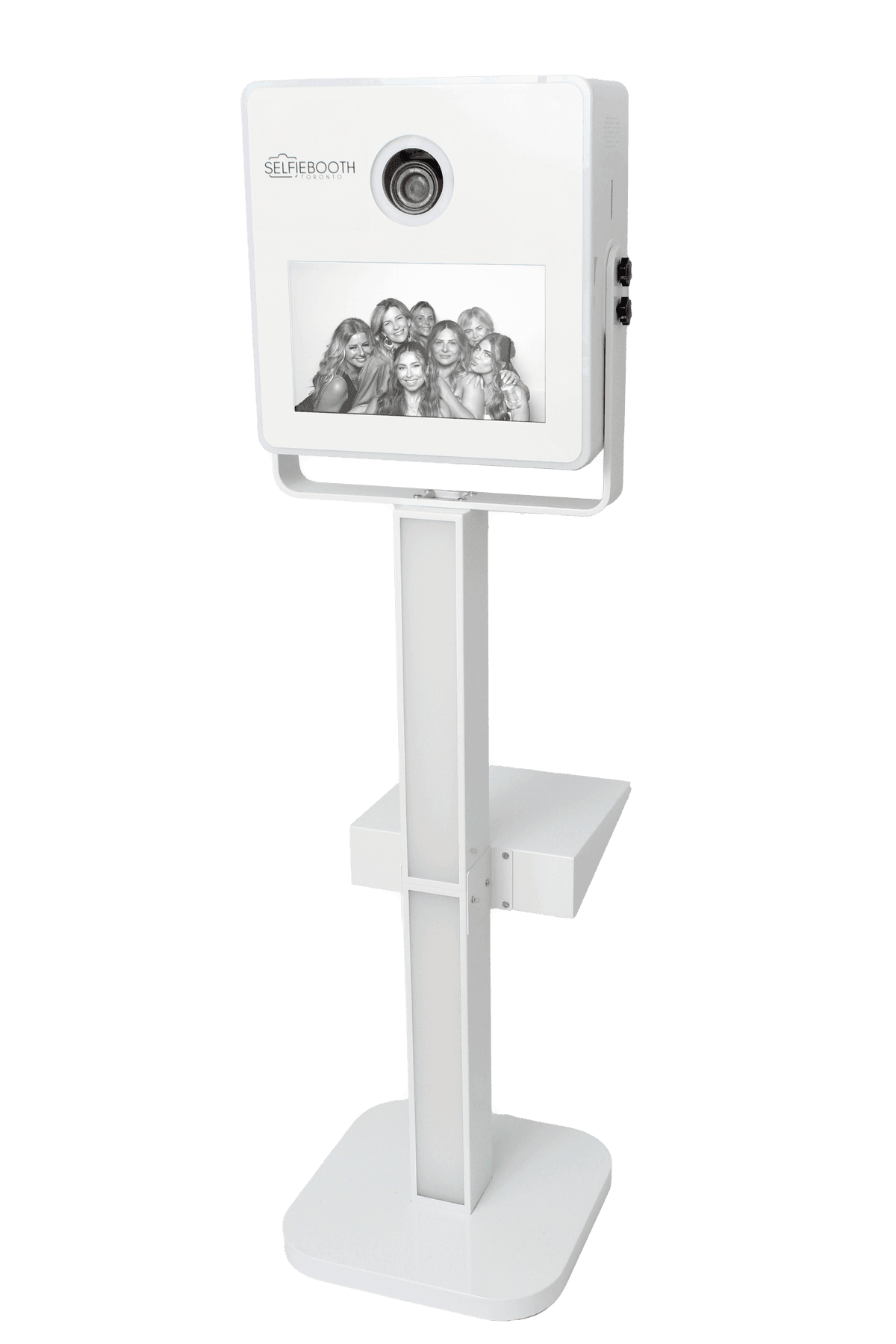 The white SelfieBooth Toronto unit — DSLR camera and touchscreen on a stand