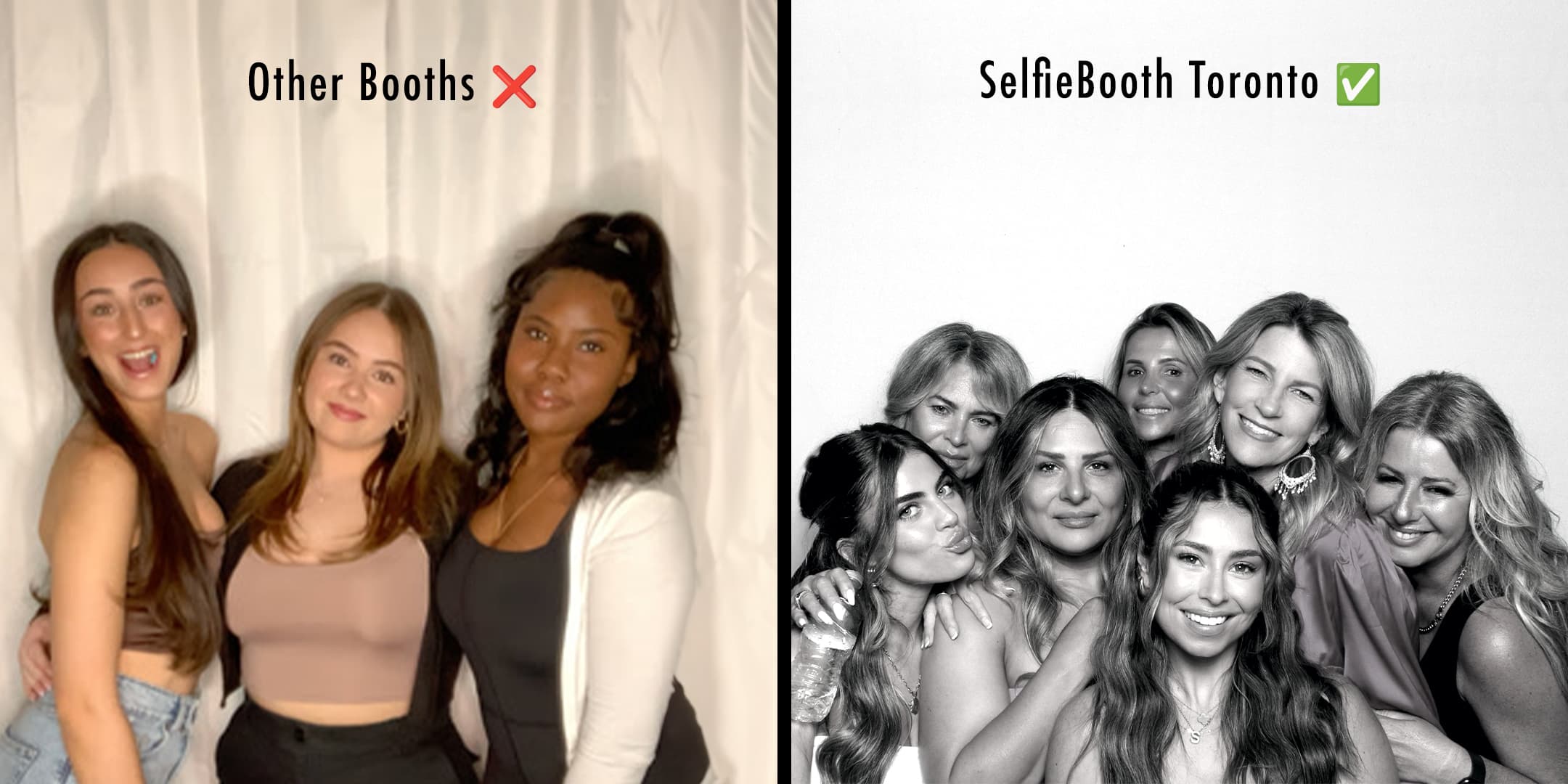 Side by side: a grainy iPad photo booth shot versus a crisp DSLR SelfieBooth Toronto photo