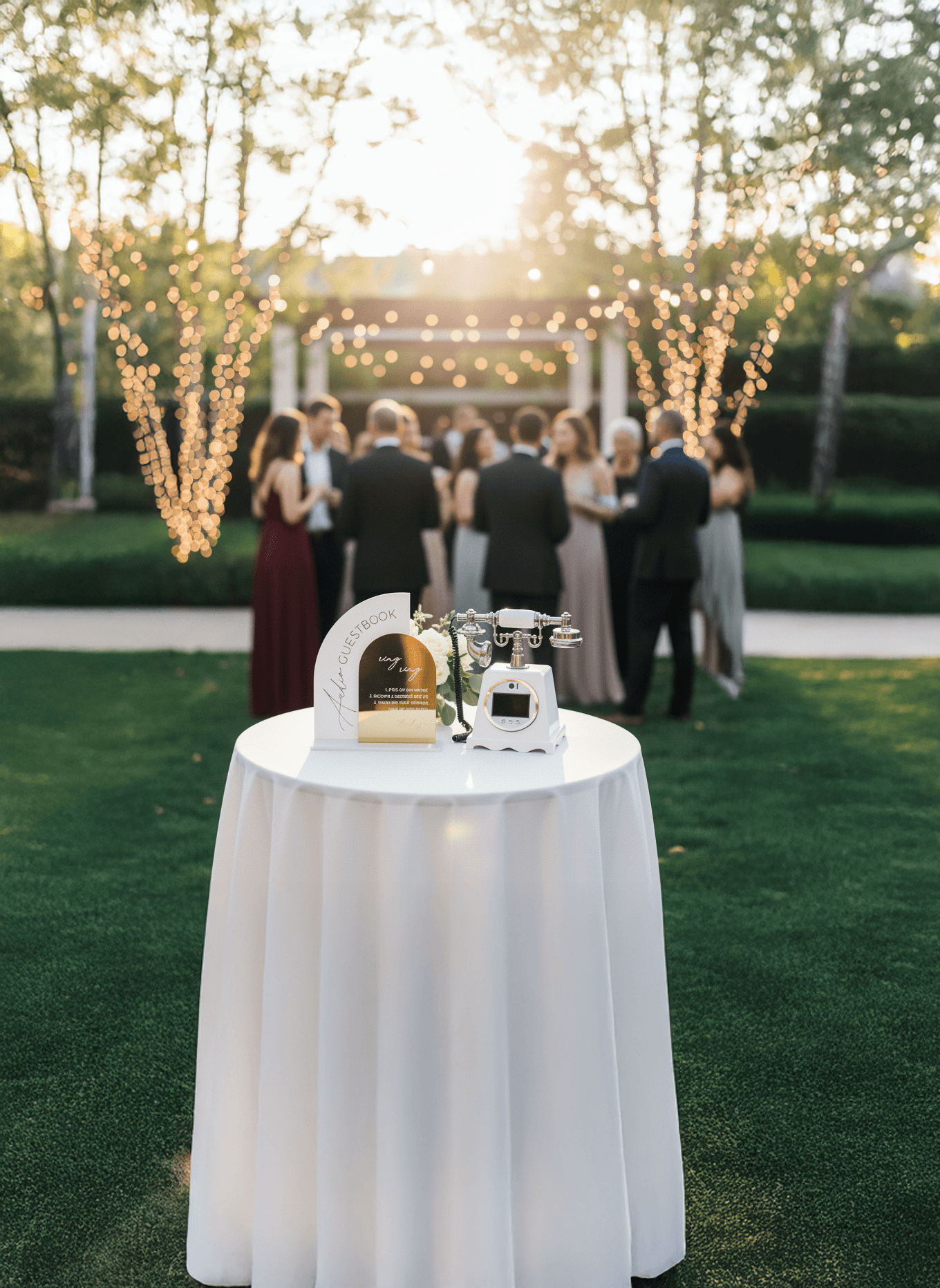 A vintage phone on a white table at a string-lit outdoor event